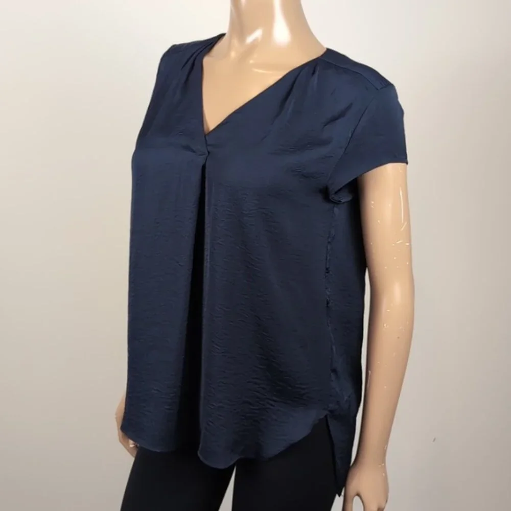 H&M Navy Vneck Top Short Sleeve Blue Satin Pleated Blouse - Picture 5 of 12